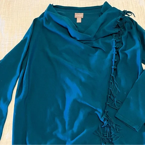 Chico’s Drape Fringe Shawl Sweater Teal - Picture 2 of 3